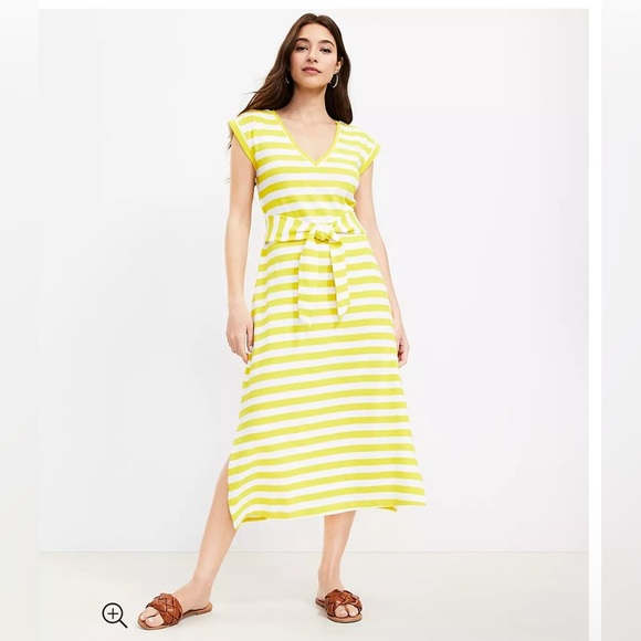 LOFT Striped Tie Waist V-Neck Yellow Midi Dress Size XS - Picture 1 of 12